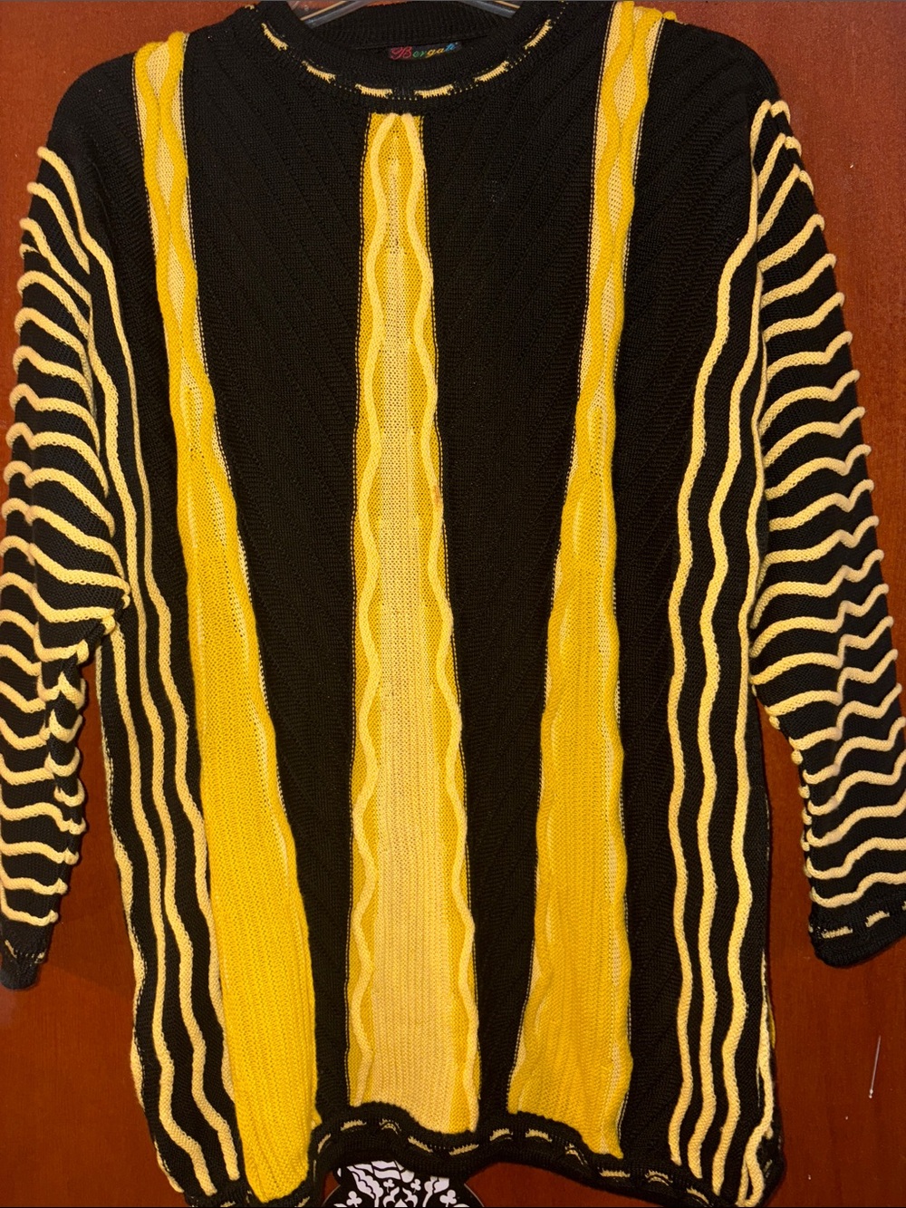Vintage Black and Yellow Striped Cable-Knit Crewneck Sweater